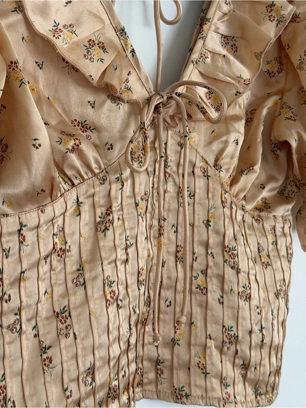 Free People Floral Milkmaid Peasant Top Satin Puff Sleeve - Size XS
